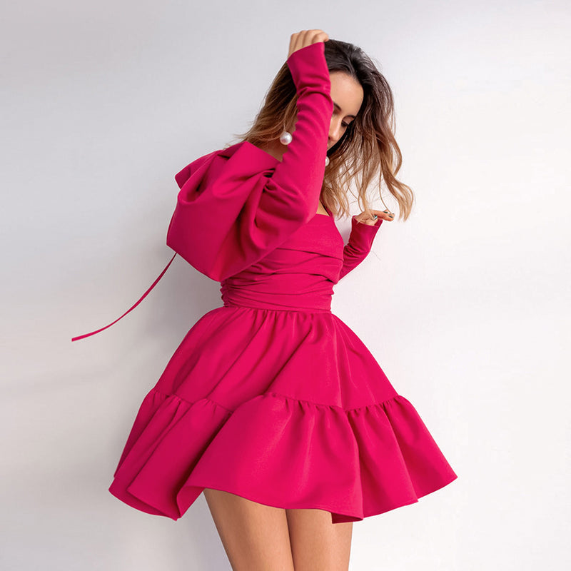 Puff Party Niche Puff Sleeve Stylish Pleated Solid Color Dress Wholesale Dresses