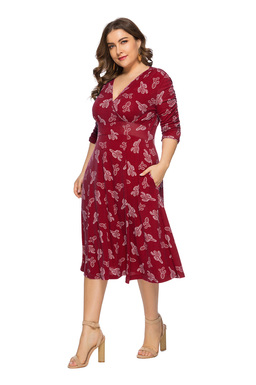 Fashion Print V-Neck Midi Dress With Pockets Three-Quarter-Sleeve Dresses Wholesale Plus Size Clothing