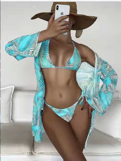 Fresh Bikini Print Two-Piece Swimsuit Three-Piece Set Wholesale Women'S Clothing