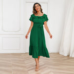Solid Color Off-Shoulder Lace-Up Waist Mid-Length Ruffle Swing Dress Wholesale Dresses N5323021800028