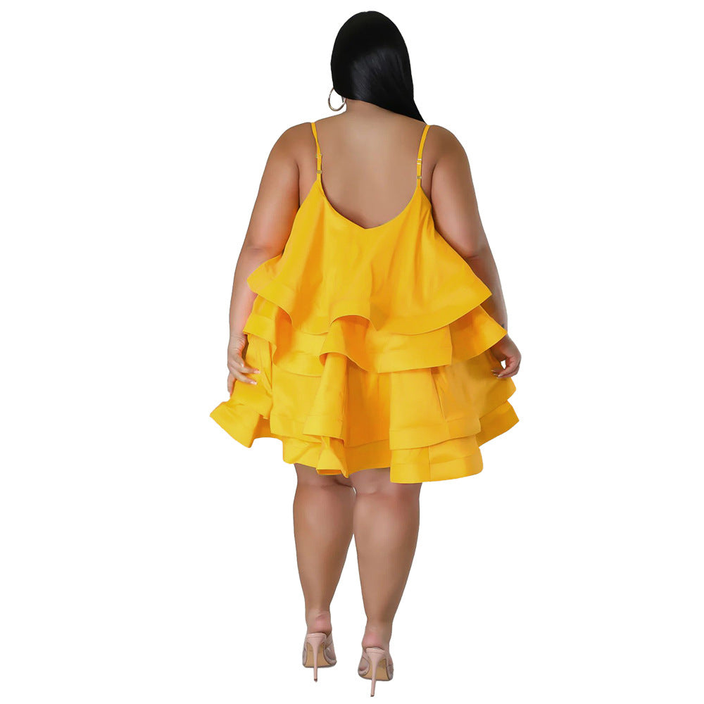 Sexy Sleeveless Ruffled Solid Color Curvy Cake Dresses Wholesale Plus Size Clothing