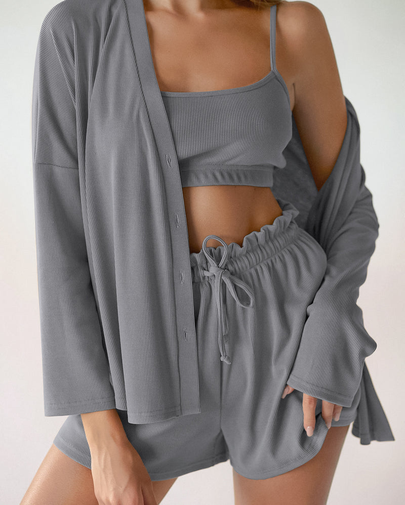 Knitted Pajamas 3pcs Set Cardigan & Suspender & Shorts Wholesale Loungewear