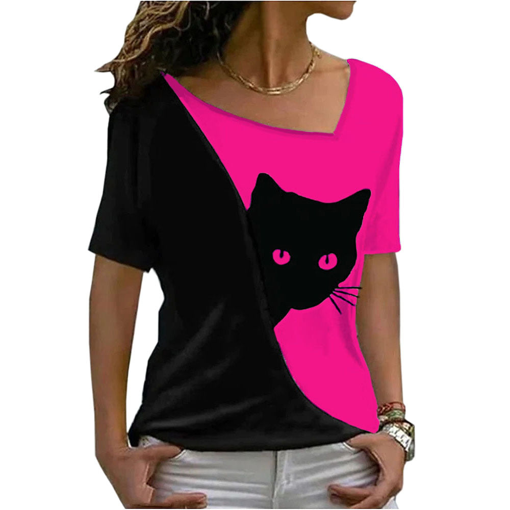 Casual Cat Print Diagonal Neck Tops Short Sleeve Womens T Shirts Wholesale