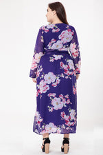 Chiffon Floral Sexy Deep V Midi Dress Long Sleeve High Waist Wholesale Plus Size Clothing