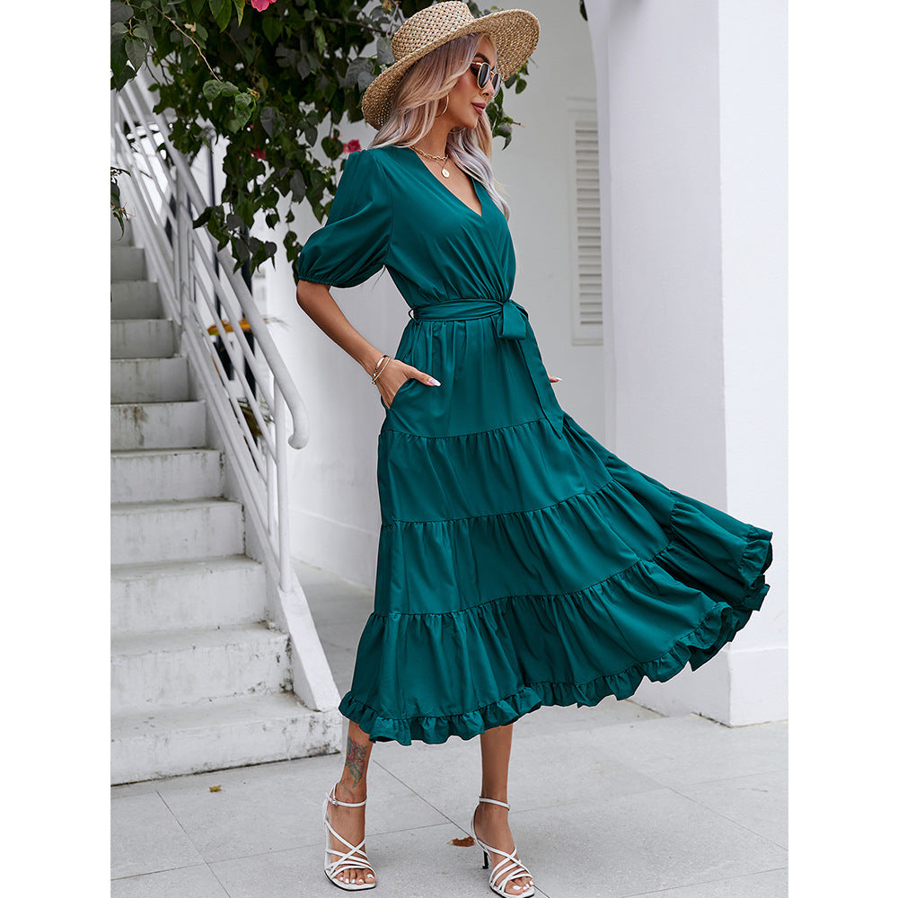 Elegant Casual Fashion V-Neck Holiday Long Smocked Dress Wholesale Dresses