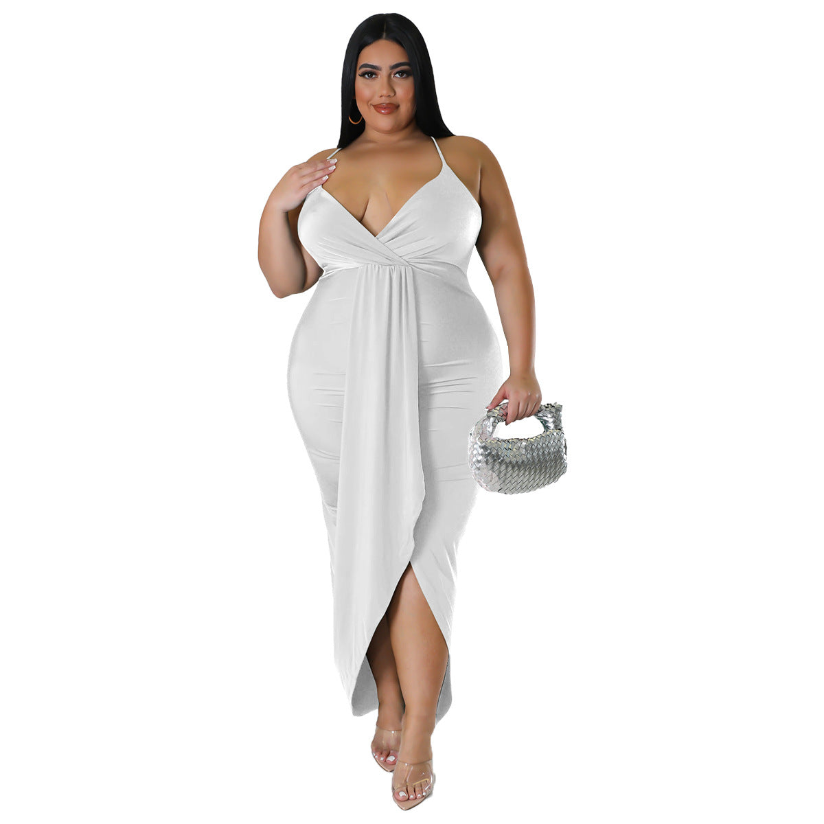 Deep-V Neck Strap Sleeveless Sling Ruched Sexy Curvy Maxi Dresses Wholesale Plus Size Clothing