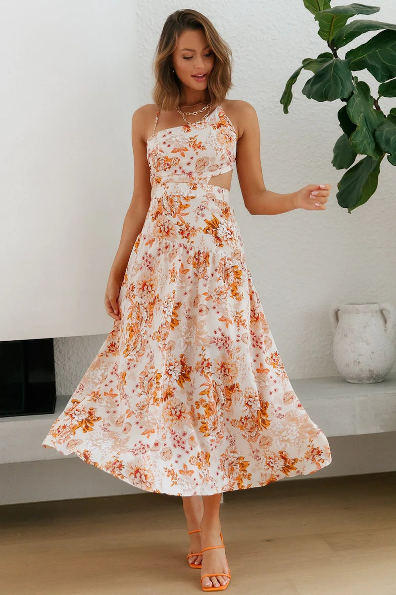 Lace-Up Slanted Shoulder Backless Mid-Length Sexy Floral Dress Wholesale Dresses