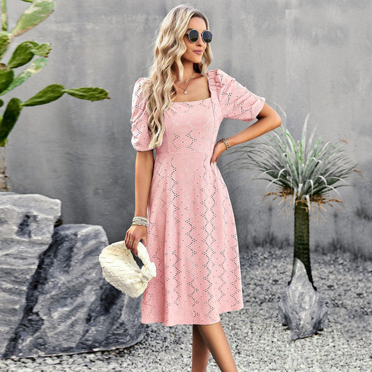 Temperament Solid Color Square Collar Short-Sleeved Long Dress Wholesale Dresses