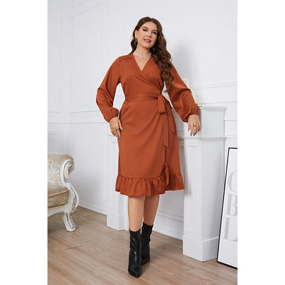 Long Sleeve Tie-Up Waist Long Sleeve Ruffled Wrap Curvy Dresses Wholesale Plus Size Clothing N5323021500042