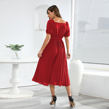 Lantern Sleeve Solid Color V-Neck A-Line Pleated Dress Wholesale Dresses