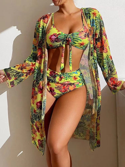 Long-Sleeved Cover-Up Bikini Print Three-Piece Swimsuit Wholesale Women'S Clothing