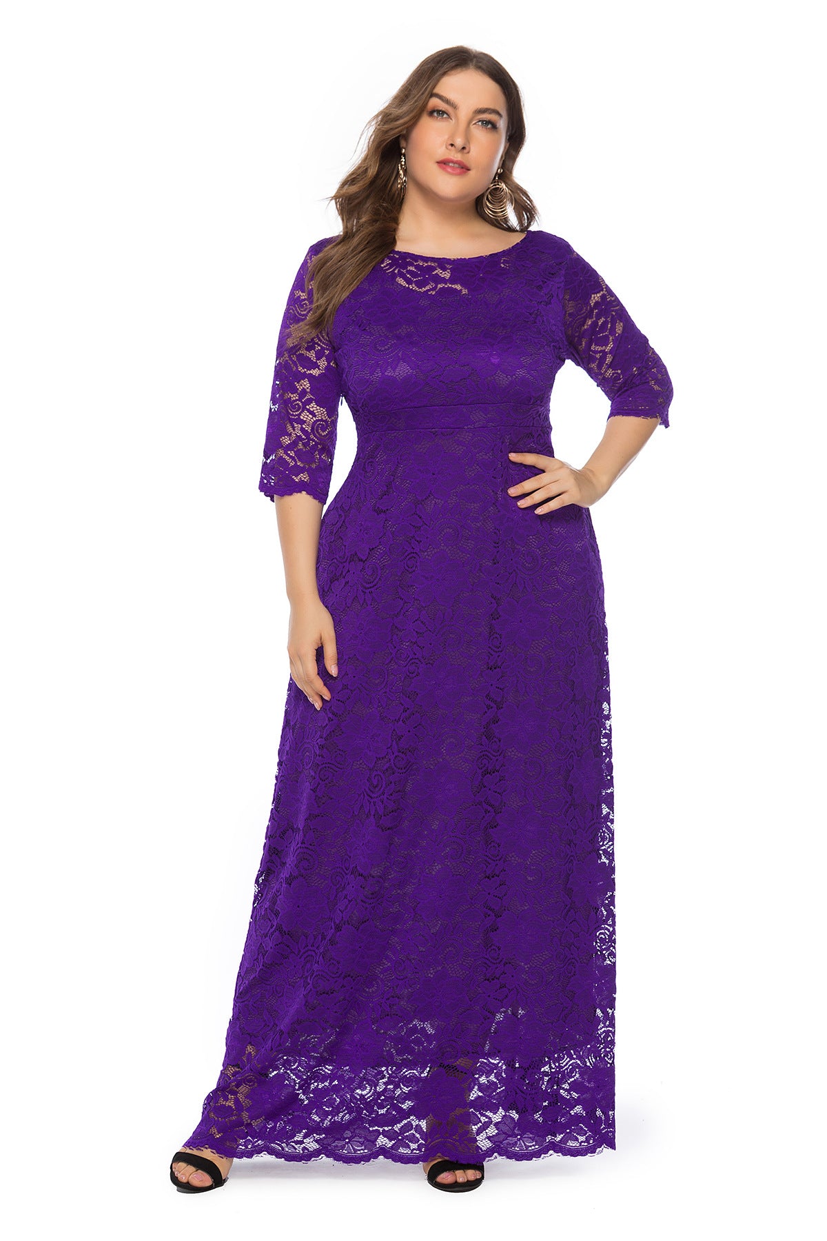 Sexy Hollow Lace Maxi Dress With Pockets Solid Color Long Sleeve Wholesale Plus Size Clothing