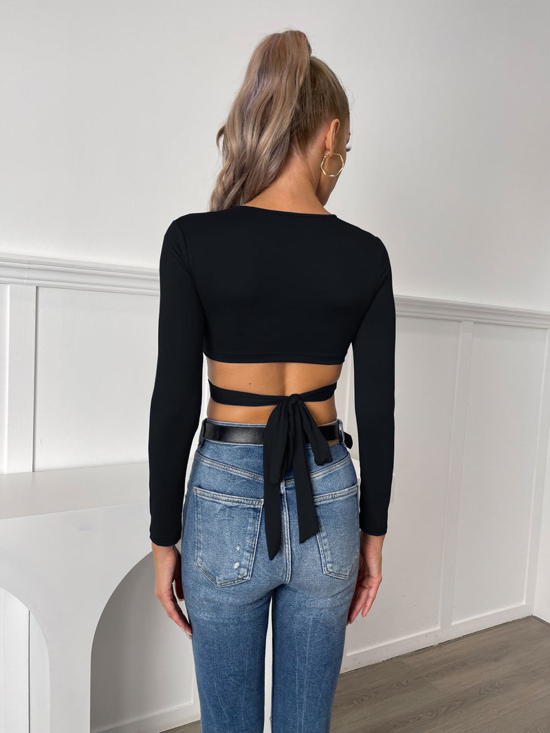 Sexy Cutout Lace-Up Short Tops Multi-Wear Long Sleeve Wholesale Crop Tops