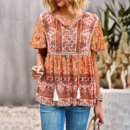 Bohemian Casual Short Sleeve Tie Tassel Blouses Wholesale Women'S Tops