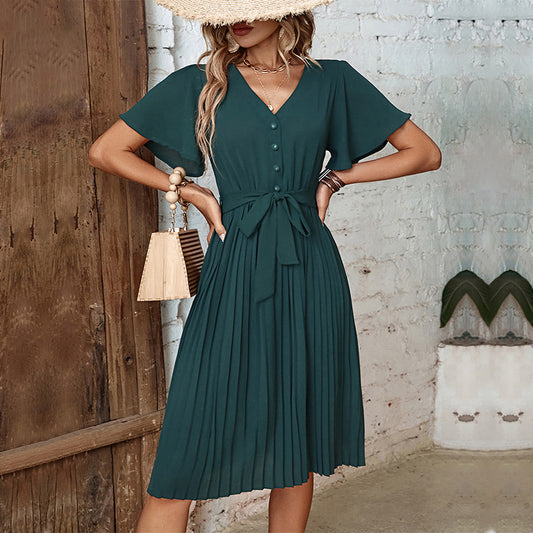 Commuting Short-Sleeved Solid Color Pleated V-Neck Dress Wholesale Dresses