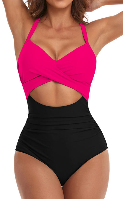 Stitching Sexy Hollow Cross Sling Triangle One-Piece Swimsuit Wholesale Women'S Clothing