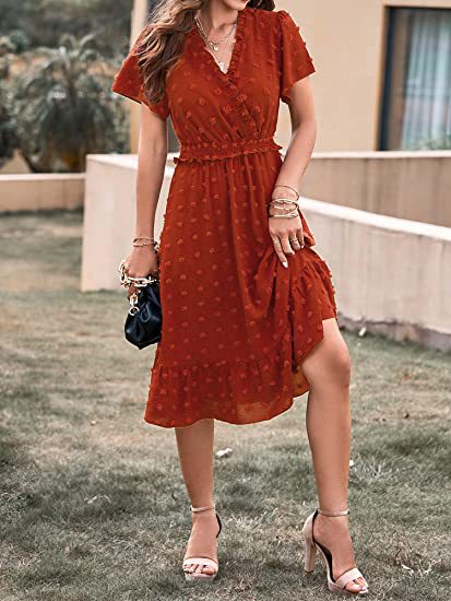 Summer V-Neck Jacquard Short Sleeve Chiffon Dress Wholesale Dresses