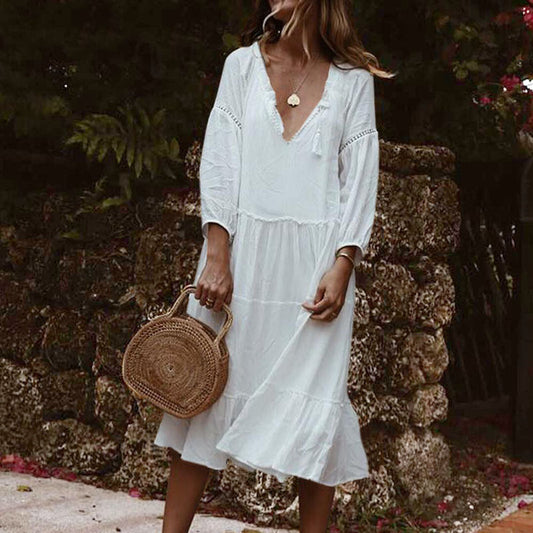 Casual Loose Lace Stitching Three-Quarter Sleeve Dress Wholesale Dresses