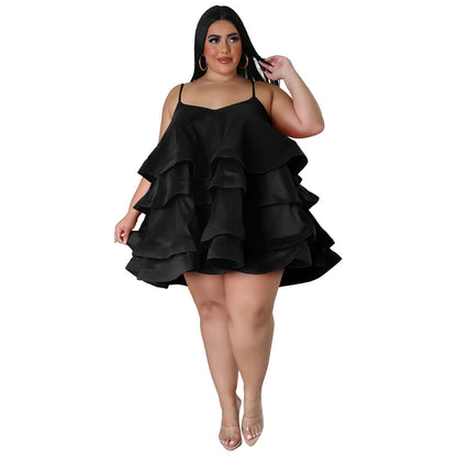 Sexy Sleeveless Ruffled Solid Color Curvy Cake Dresses Wholesale Plus Size Clothing