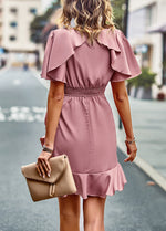 Summer Round Neck Solid Color Ruffled Wrap Dress Wholesale Dresses