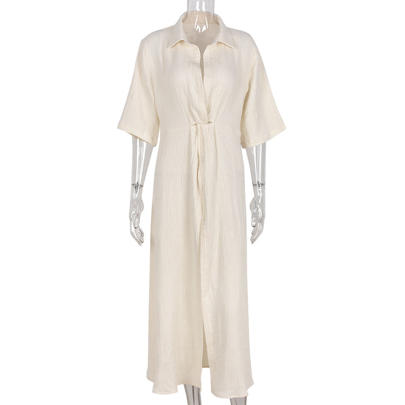 V Neck Solid Color Button Collar Half Sleeve Ruched Shirtdress Wholesale Shirt Dresses