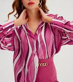 Digital Stripes Print Lapel Long Sleeve Loose Shirt Wholesale Womens Tops
