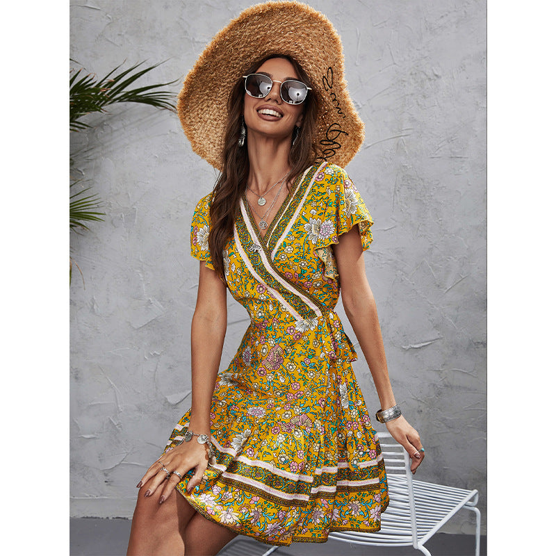 Boho Printed V-Neck Flare Short Sleeve Swing Bohemian Dress Wholesale Dresses