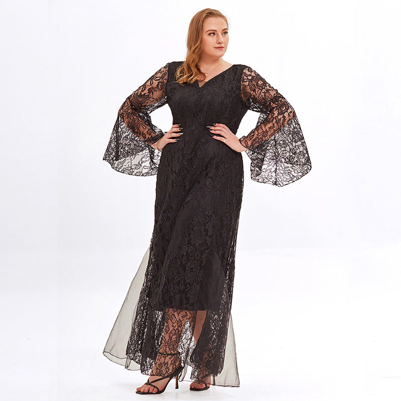 Elegant Lace Mesh Midi Dress V-Neck Long Sleeves Dresses Wholesale Plus Size Clothing