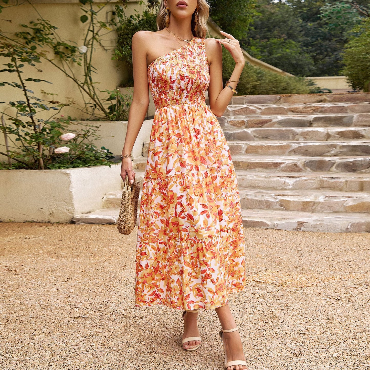 Elegant Sloping Shoulder Flower Print Long Dress Wholesale Dresses