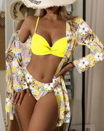 Floral Print Beachwear Cover Up Cardigan & Bikini 3pcs Swimsuit Wholesale Womens Swimwear