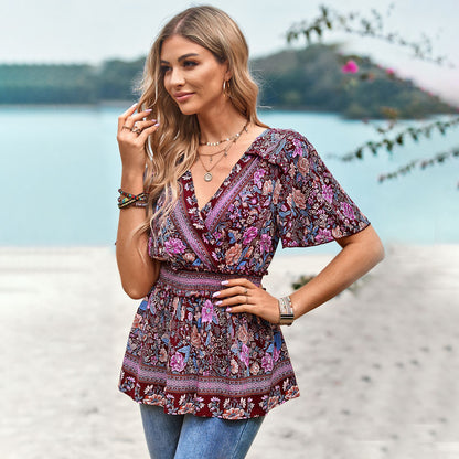 Bohemian Retro Print V-Neck Short-Sleeved All-Match Top Wholesale Women'S Tops