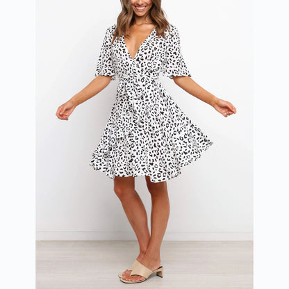 Summer Fashion Short Sleeve Leopard Print V-Neck Casual Dress Wholesale Dresses