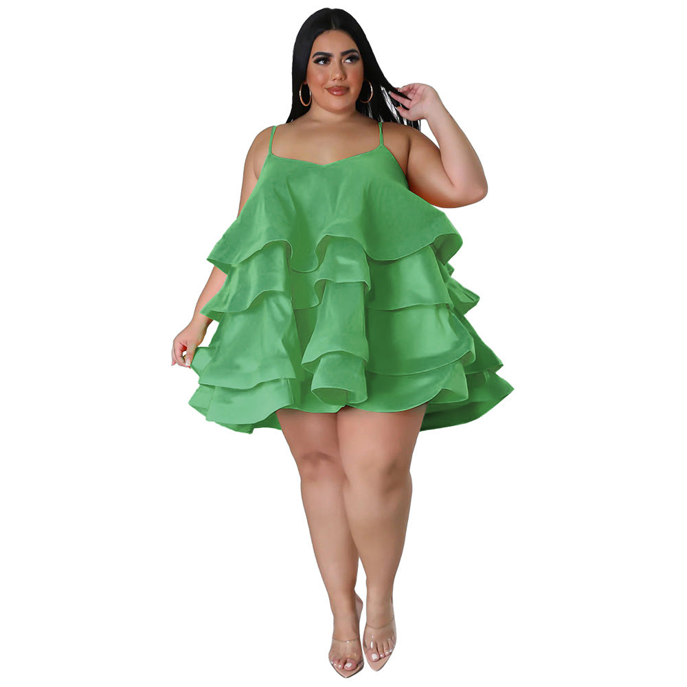 Sexy Sleeveless Ruffled Solid Color Curvy Cake Dresses Wholesale Plus Size Clothing