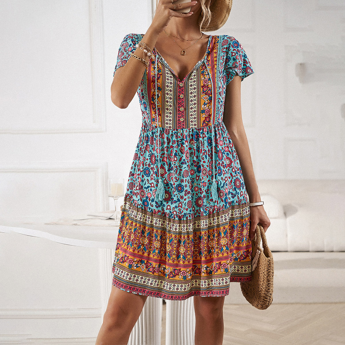 Bohemian Print V-Neck Petal Sleeve Tie Dress Wholesale Dresses