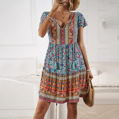 Bohemian Print V-Neck Petal Sleeve Tie Dress Wholesale Dresses