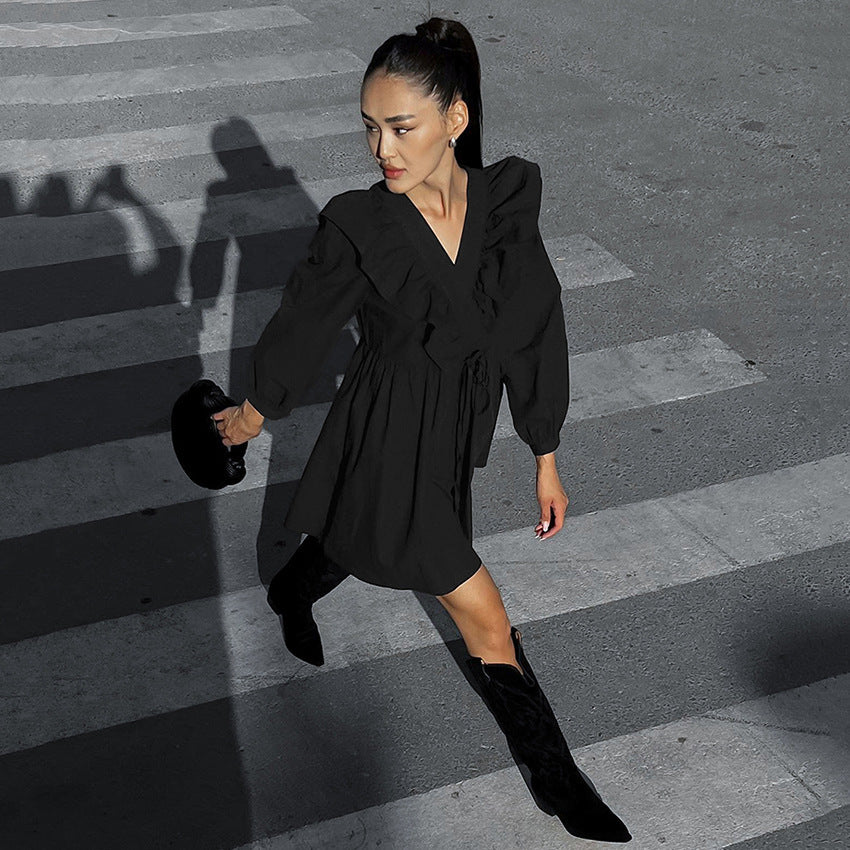 Temperament Long Sleeve A-Line Ruffled Black Dress Wholesale Dresses