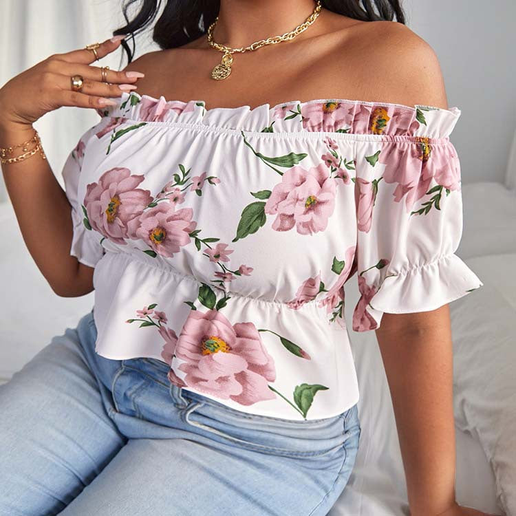 Sexy Off-Shoulder Crop Tops Long Sleeve Floral Wholesale Plus Size Clothing