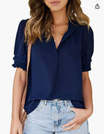 V-Neck Puff Short Sleeve Chiffon T-Shirt Wholesale Womens Tops