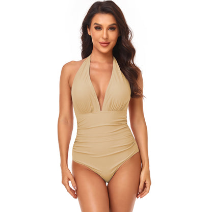 Triangle Solid Gathered Halter Neck One-Piece Swimsuit Wholesale Women'S Clothing