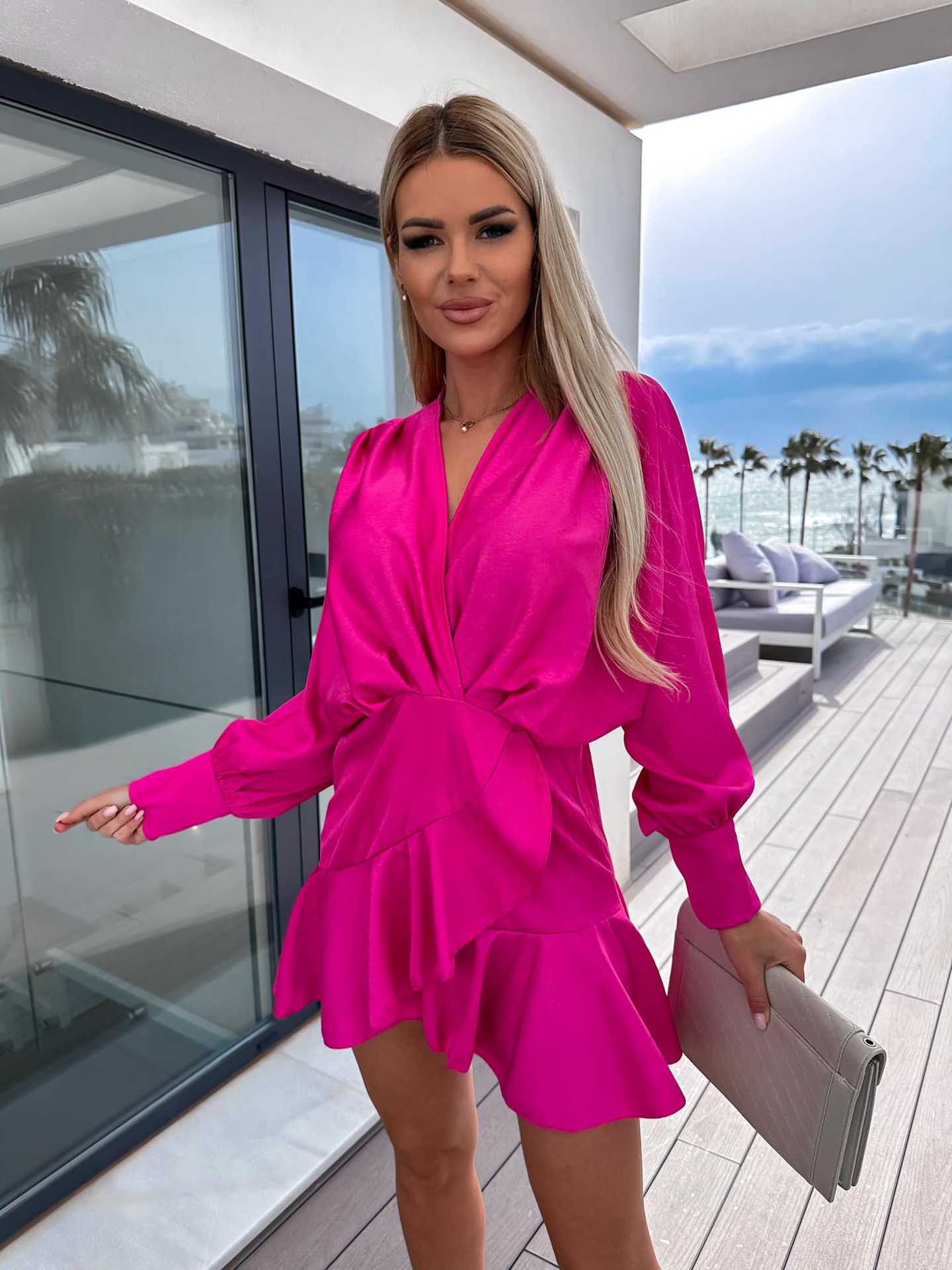 Long Sleeve Tight Waist Solid Color Satin Wrap Dress Wholesale Dresses