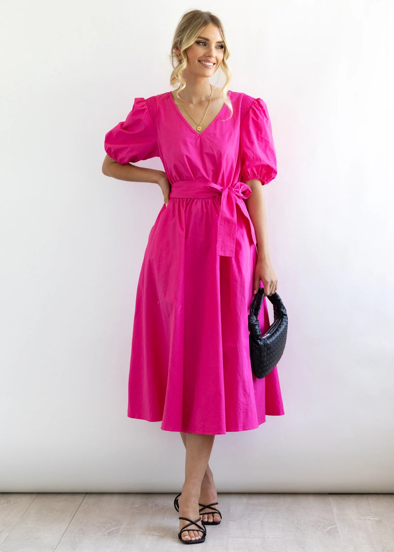Vintage Puff Sleeve Loose V-Neck Solid Color Simple Dress Wholesale Dresses