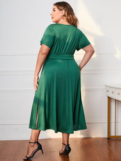 Short Sleeve Wrap Slit Curvy Dresses Wholesale Plus Size Clothing