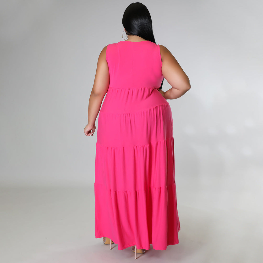 Sleeveless O Neck Smocked Curvy Maxi Dresses Wholesale Plus Size Clothing