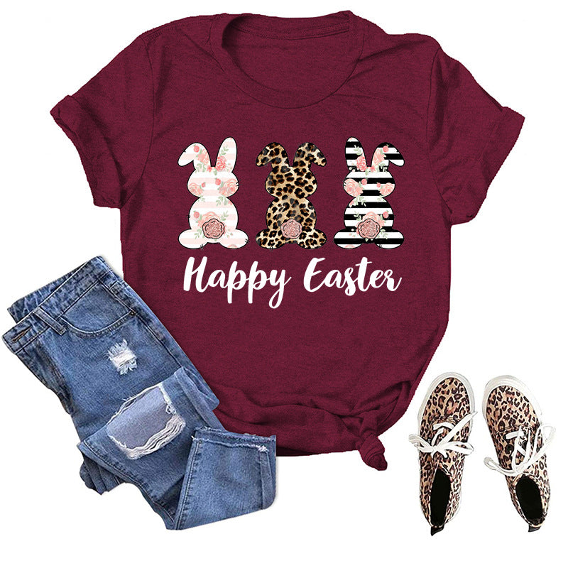 Bunny HAPPY EASTER Letter Print Short-Sleeve T-Shirts Wholesale Womens Tops