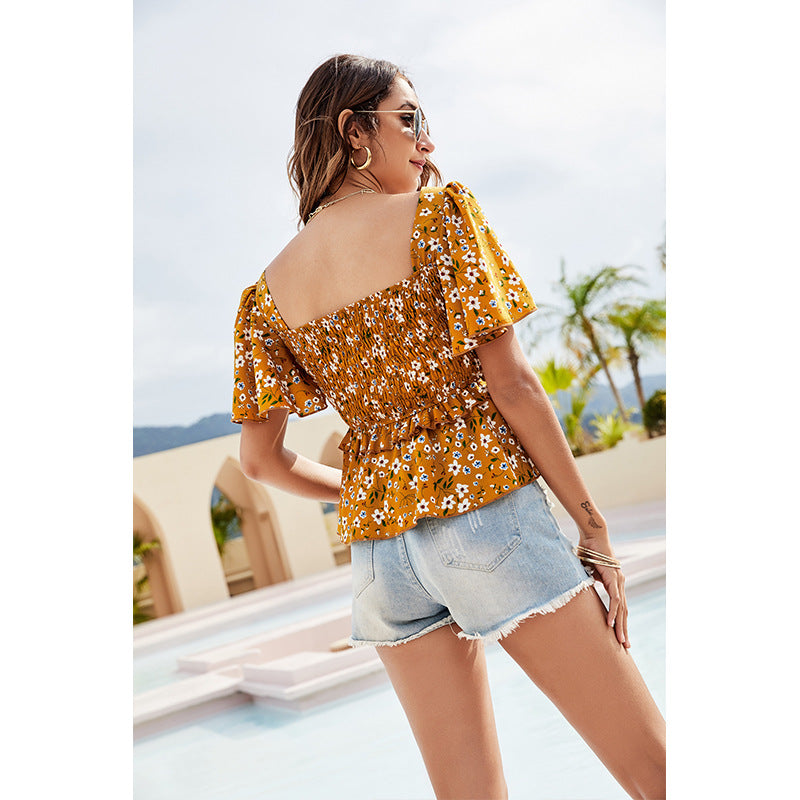 Square Collar Bell Sleeve Backless Floral Print Short Shirts Wholesale Womens Tops