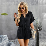 Solid Color Button Short Sleeve Drawstring Women Rompers Wholesale Jumpsuits