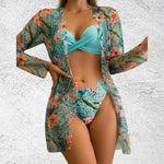 Floral Print Beachwear Cover Up Cardigan & Bikini 3pcs Swimsuit Wholesale Womens Swimwear