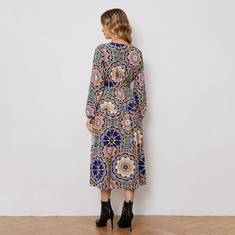 Abstract Print Lace-Up Long Sleeve Mid-Length Shirt Dress Wholesale Dresses