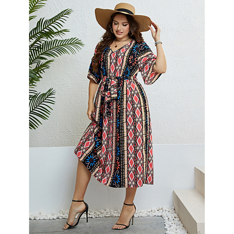 Wholesale Women'S Plus Size Clothing V-Neck Printed Short-Sleeve Bohemian Dress