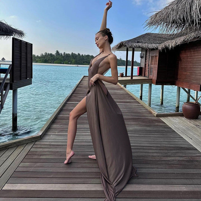 Hollow Out Deep V Jumpsuit Splicing Large Swing Backless Beach Dress Wholesale Dresses